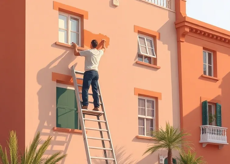 Peintre sur échafaudage traitant la façade d'une maison