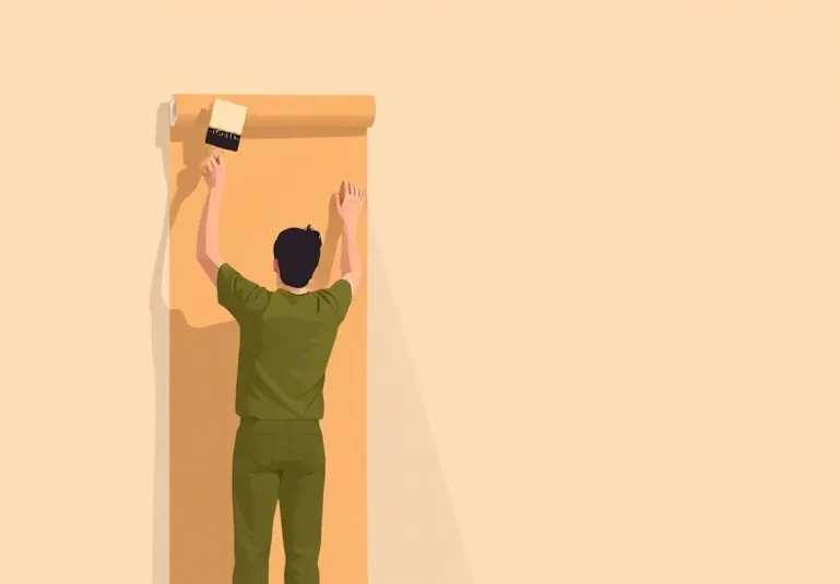 Pose de papier peint, rouleau et brosse à maroufler